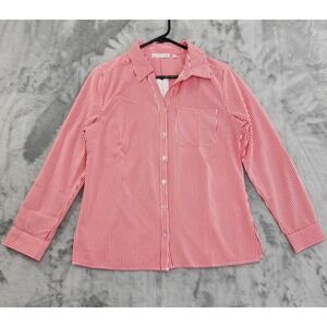 NEW Notations Top Womens S Red White Striped Long Sleeve Button Up Lightweight